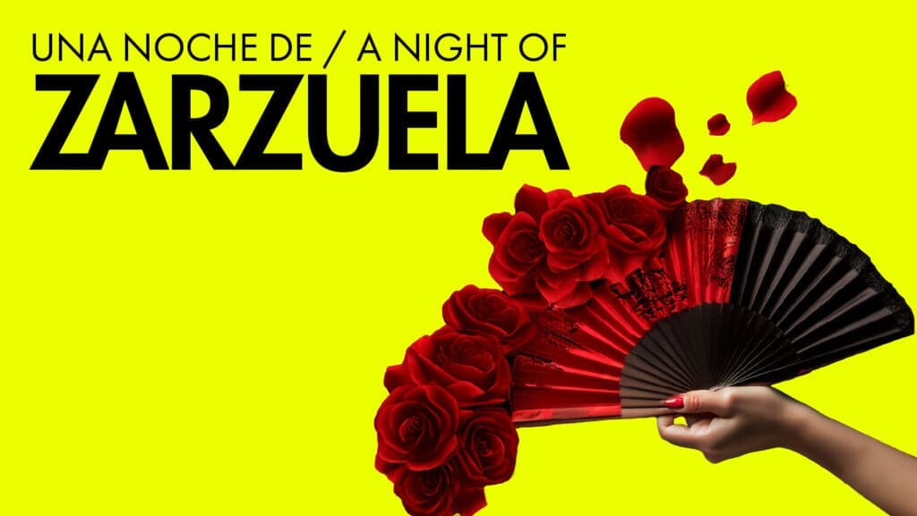 Zarzuela concert art depicting a fan and red rose pedals